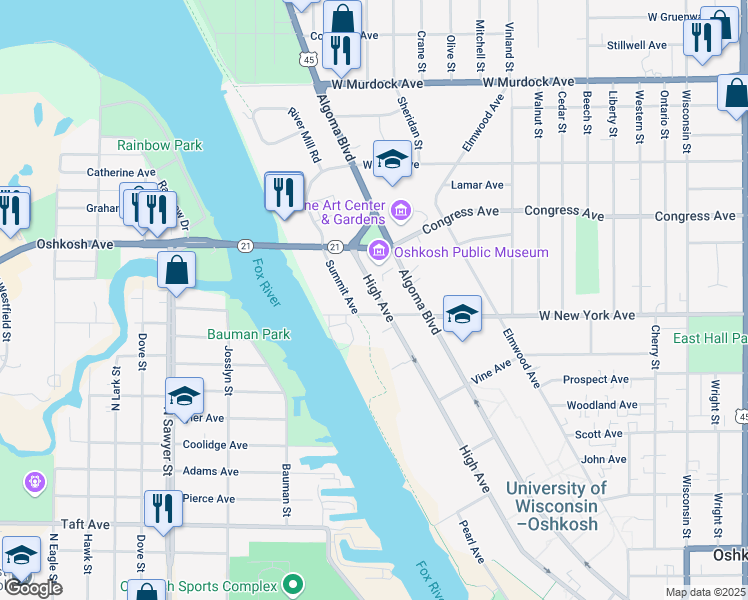 map of restaurants, bars, coffee shops, grocery stores, and more near 1217 High Avenue in Oshkosh