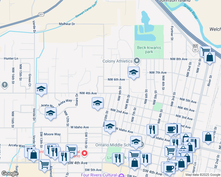 map of restaurants, bars, coffee shops, grocery stores, and more near 1022 NW 5th Ave in Ontario
