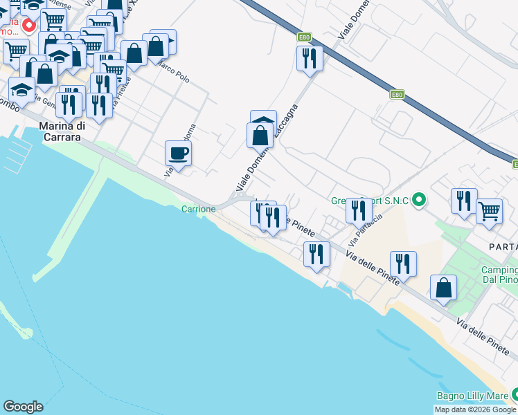 map of restaurants, bars, coffee shops, grocery stores, and more near 16 Via delle Pinete in Marina di Carrara