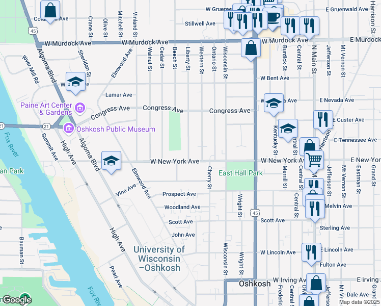 map of restaurants, bars, coffee shops, grocery stores, and more near 1214 Liberty Street in Oshkosh