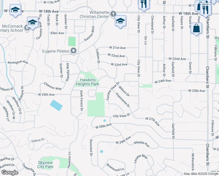 map of restaurants, bars, coffee shops, grocery stores, and more near 2528 Terrace View Drive in Eugene