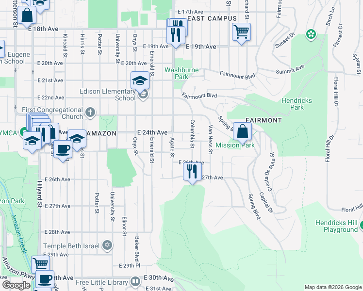 map of restaurants, bars, coffee shops, grocery stores, and more near 1649 East 25th Avenue in Eugene