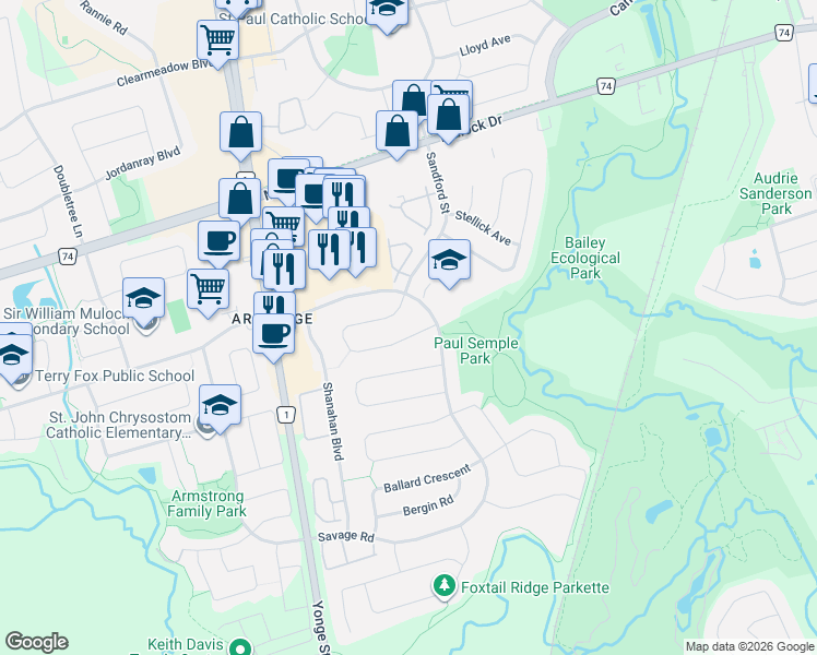 map of restaurants, bars, coffee shops, grocery stores, and more near 147 Nelson Circle in Newmarket