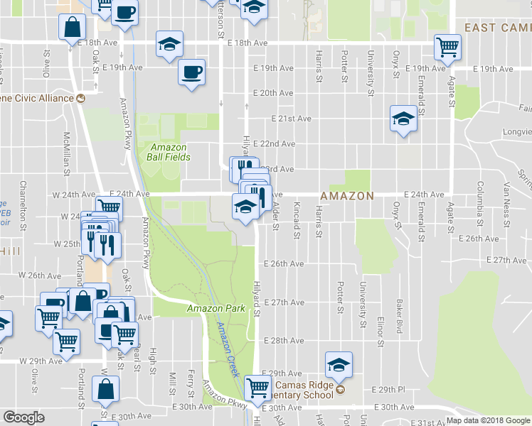 map of restaurants, bars, coffee shops, grocery stores, and more near 2476 Alder Street in Eugene