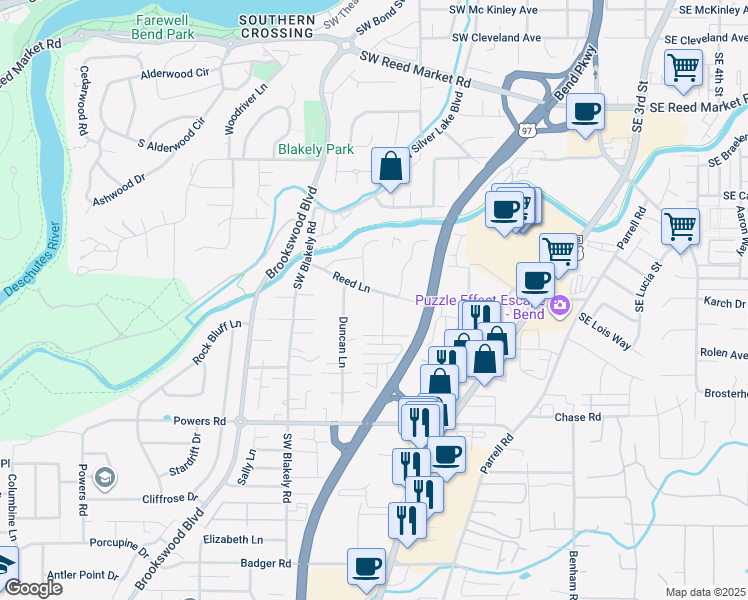 map of restaurants, bars, coffee shops, grocery stores, and more near 20157 Reed Lane in Bend