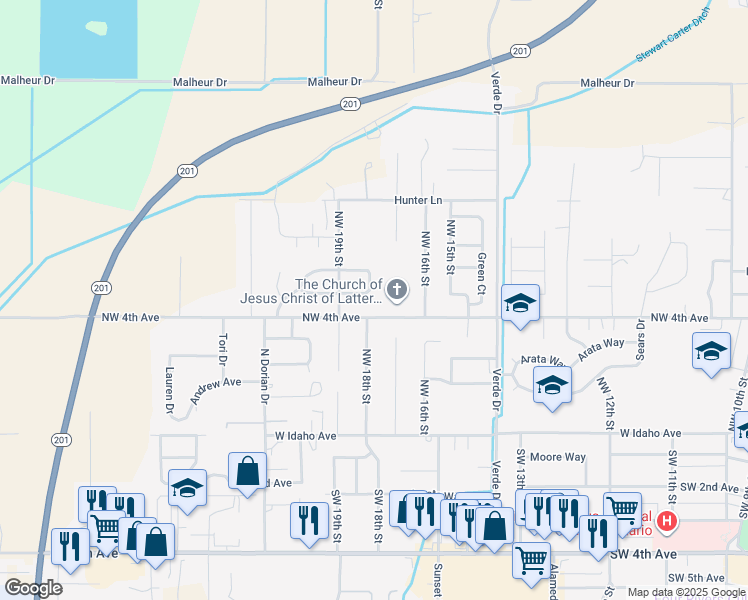 map of restaurants, bars, coffee shops, grocery stores, and more near 1822 NW 5th Ave in Ontario