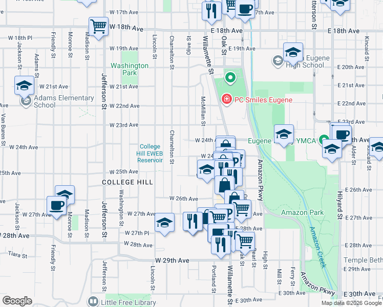 map of restaurants, bars, coffee shops, grocery stores, and more near 95 West 24th Place in Eugene