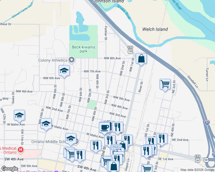 map of restaurants, bars, coffee shops, grocery stores, and more near 596 Fortner Street in Ontario