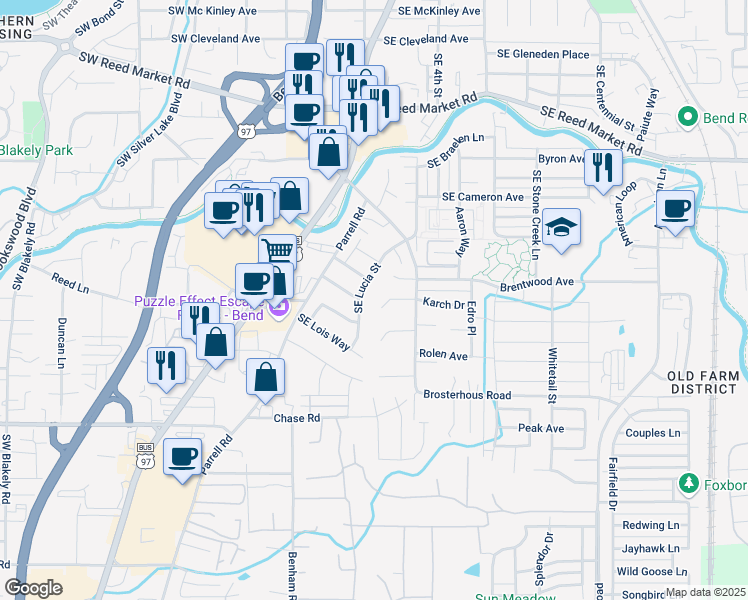 map of restaurants, bars, coffee shops, grocery stores, and more near 20410 Trap Court in Bend
