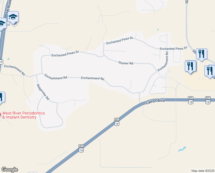 map of restaurants, bars, coffee shops, grocery stores, and more near 711 Enchantment Rd in Rapid City