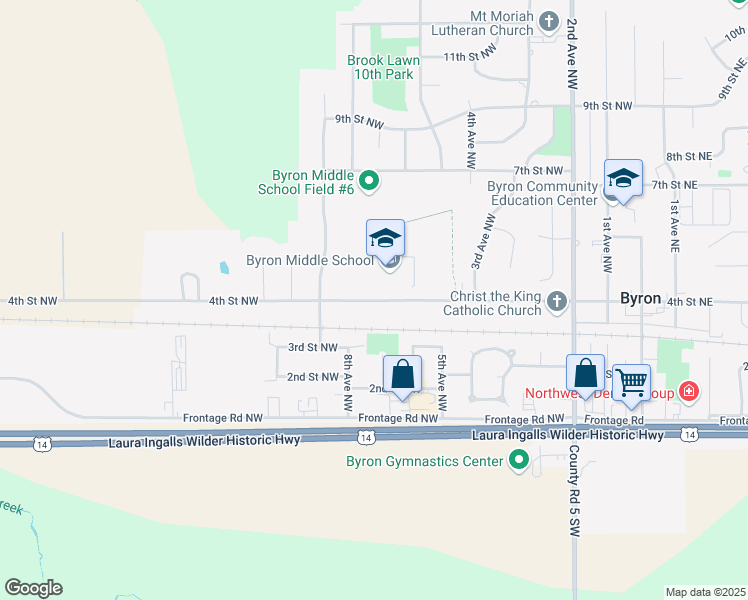 map of restaurants, bars, coffee shops, grocery stores, and more near 601 4th Street Northwest in Byron