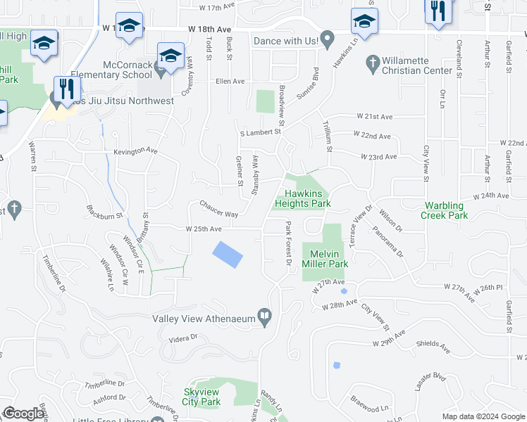 map of restaurants, bars, coffee shops, grocery stores, and more near 2462 Hawkins Lane in Eugene