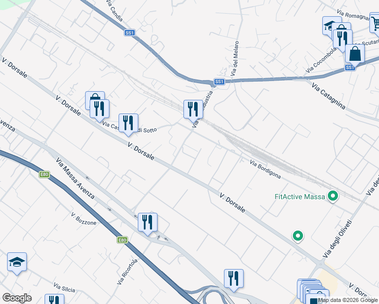 map of restaurants, bars, coffee shops, grocery stores, and more near 46 Via Dorsale in Massa