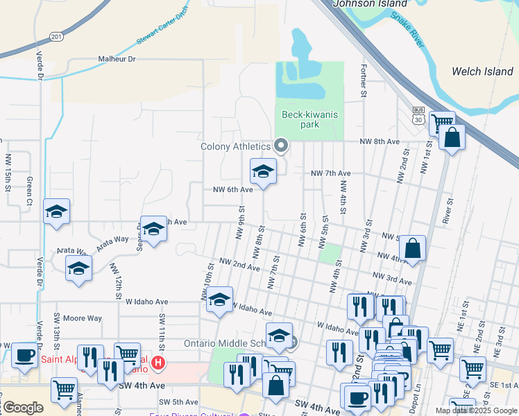 map of restaurants, bars, coffee shops, grocery stores, and more near 461 Northwest 8th Street in Ontario