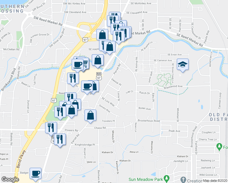 map of restaurants, bars, coffee shops, grocery stores, and more near 20350 Southeast Elaine Lane in Bend