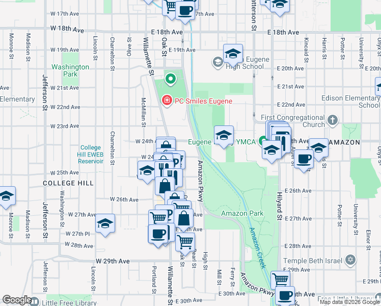 map of restaurants, bars, coffee shops, grocery stores, and more near 159 East 24th Place in Eugene