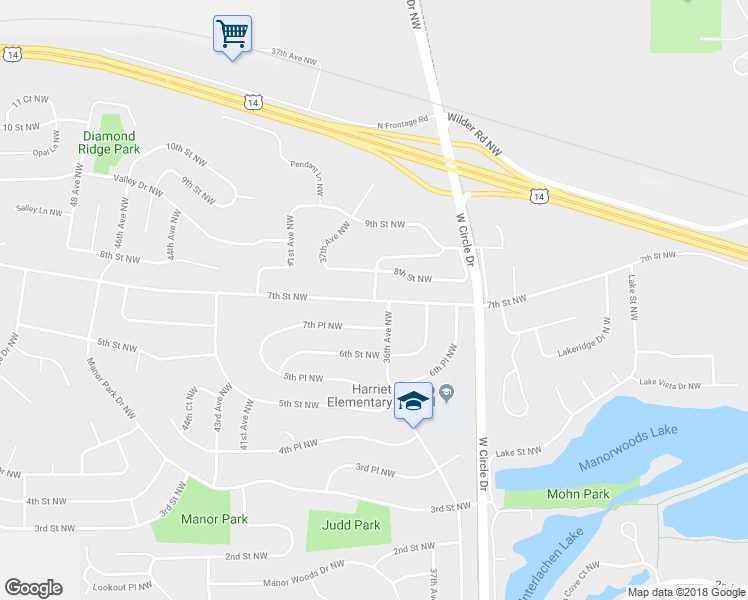 map of restaurants, bars, coffee shops, grocery stores, and more near 3643 7th Street Northwest in Rochester