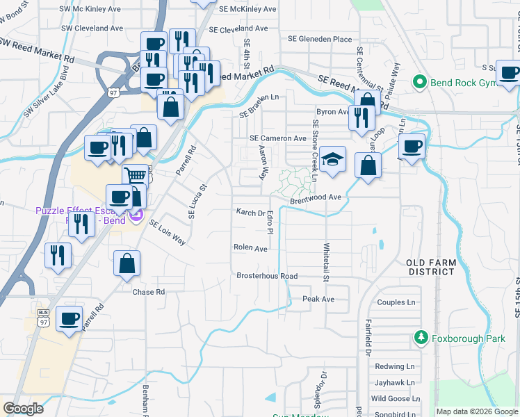 map of restaurants, bars, coffee shops, grocery stores, and more near 20478 Karch Drive in Bend
