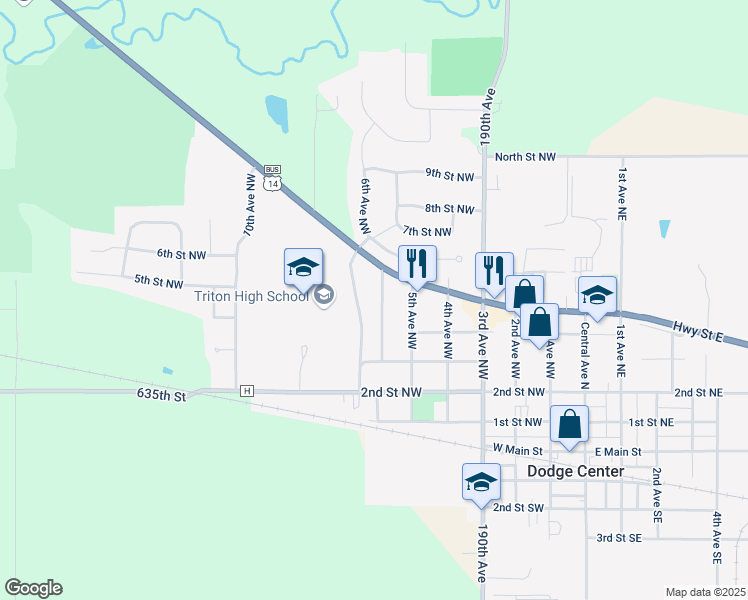 map of restaurants, bars, coffee shops, grocery stores, and more near 408 6th Avenue Northwest in Dodge Center