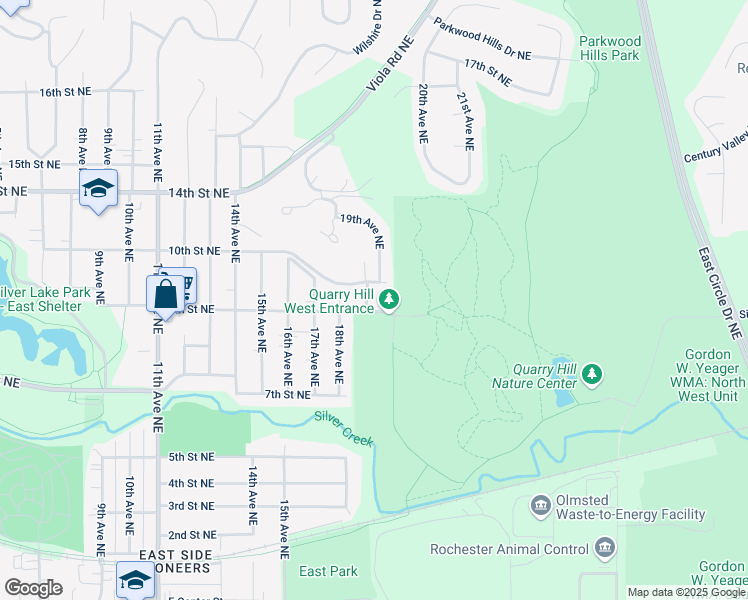 map of restaurants, bars, coffee shops, grocery stores, and more near 1905 9th Street Northeast in Rochester