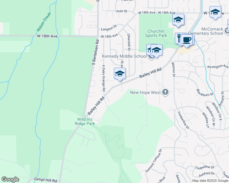 map of restaurants, bars, coffee shops, grocery stores, and more near 2355 Bailey Hill Road in Eugene