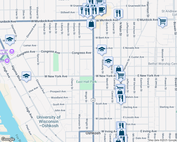 map of restaurants, bars, coffee shops, grocery stores, and more near 1226 Titan Court in Oshkosh