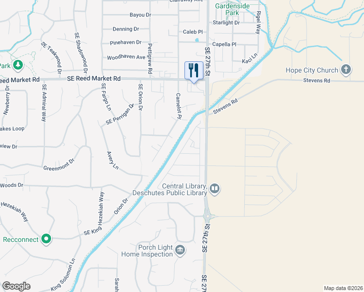 map of restaurants, bars, coffee shops, grocery stores, and more near 61490 Camelot Place in Bend
