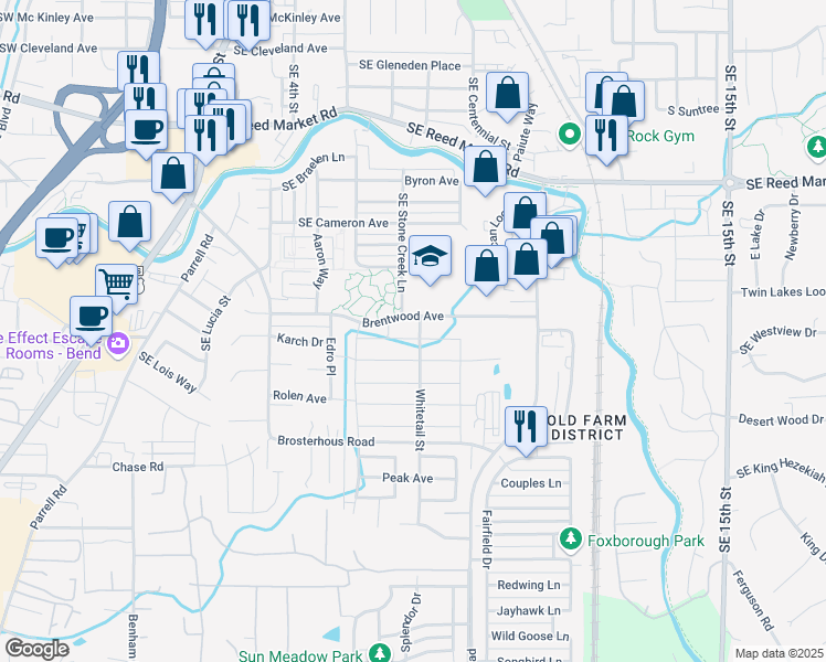 map of restaurants, bars, coffee shops, grocery stores, and more near 20597 Southeast Nina Avenue in Bend