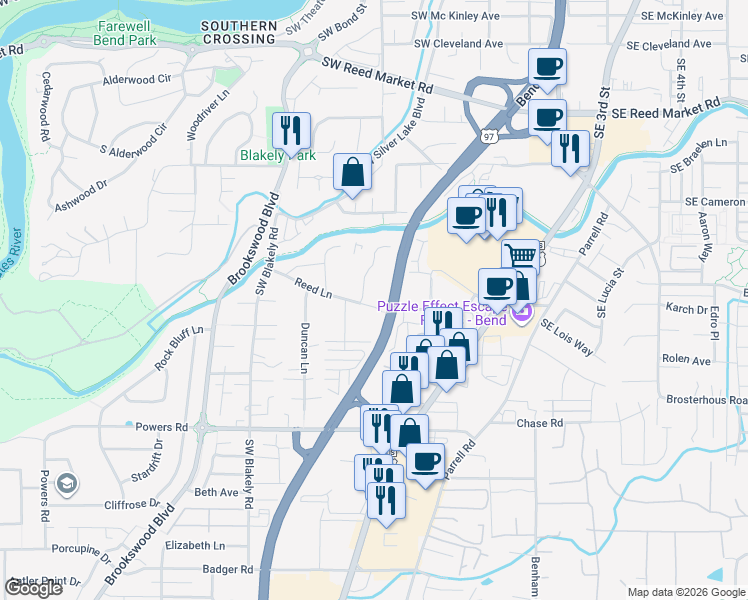 map of restaurants, bars, coffee shops, grocery stores, and more near 20187 Reed Lane in Bend