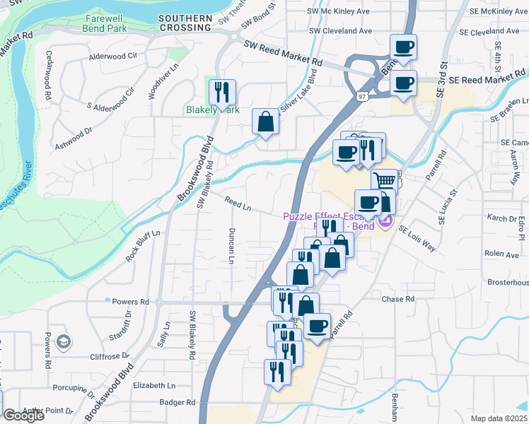 map of restaurants, bars, coffee shops, grocery stores, and more near 20157 Reed Lane in Bend
