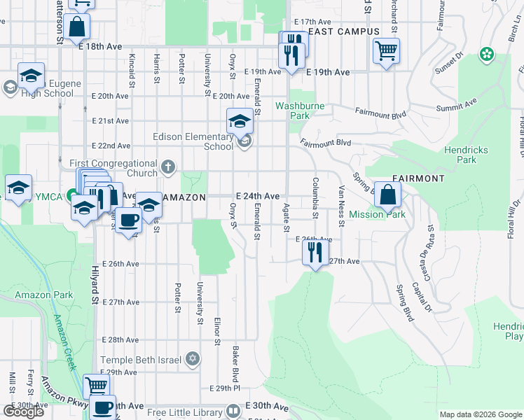 map of restaurants, bars, coffee shops, grocery stores, and more near 2476 Emerald Street in Eugene