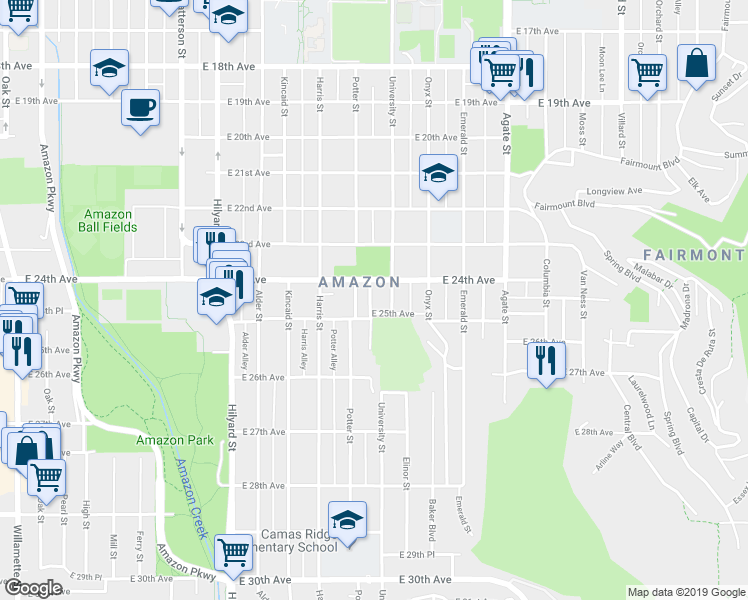 map of restaurants, bars, coffee shops, grocery stores, and more near 1199 East 25th Avenue in Eugene