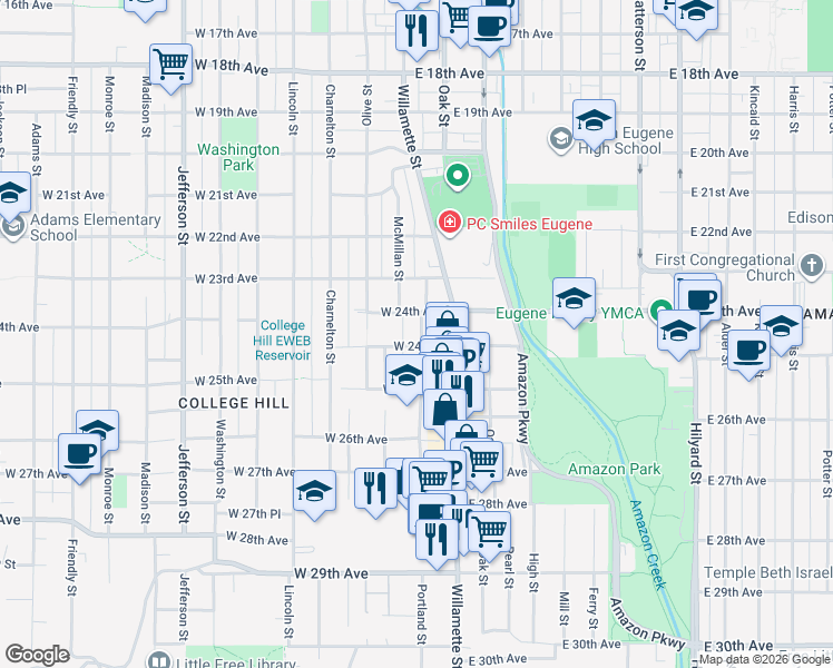 map of restaurants, bars, coffee shops, grocery stores, and more near 53 West 24th Place in Eugene