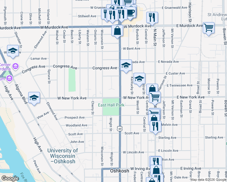 map of restaurants, bars, coffee shops, grocery stores, and more near 422 West New York Avenue in Oshkosh