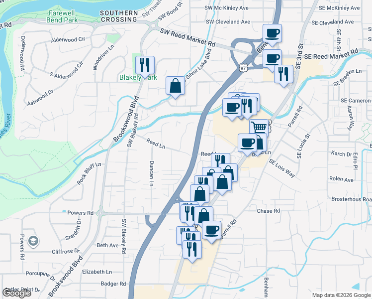 map of restaurants, bars, coffee shops, grocery stores, and more near 20187 Reed Lane in Bend