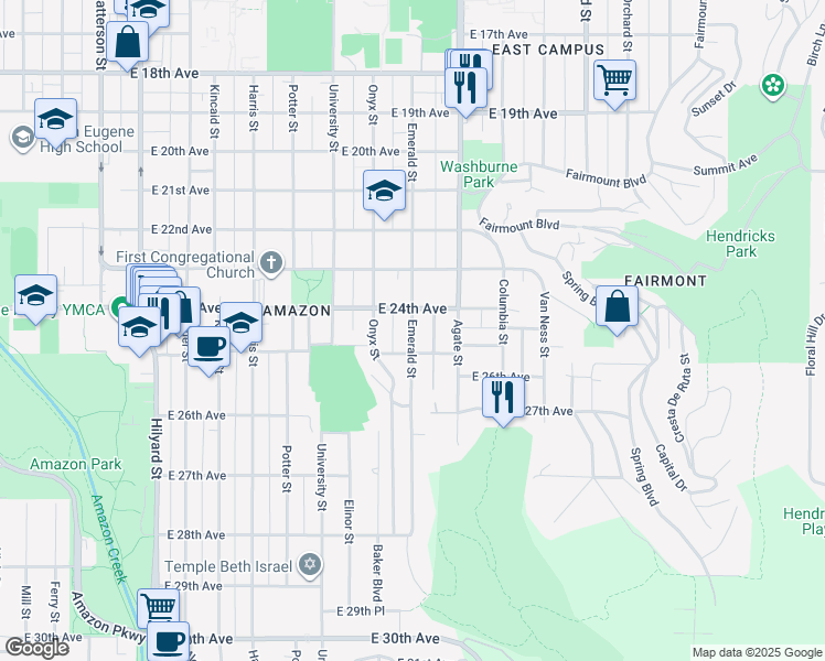 map of restaurants, bars, coffee shops, grocery stores, and more near 2436 Emerald Street in Eugene