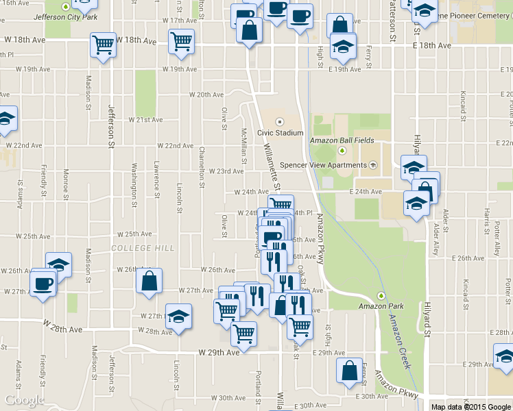 map of restaurants, bars, coffee shops, grocery stores, and more near 2422 Portland Street in Eugene