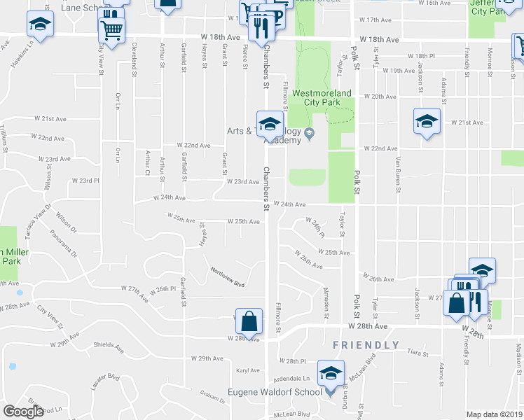 map of restaurants, bars, coffee shops, grocery stores, and more near 2470 Chambers Street in Eugene