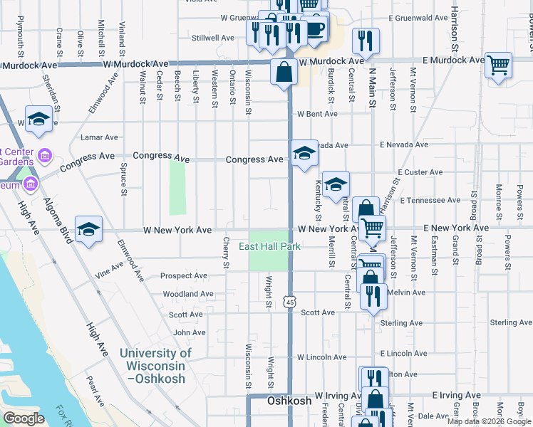 map of restaurants, bars, coffee shops, grocery stores, and more near 1227 Titan Court in Oshkosh