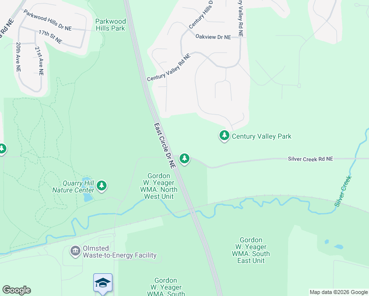 map of restaurants, bars, coffee shops, grocery stores, and more near 2355 Silver Creek Road Northeast in Rochester