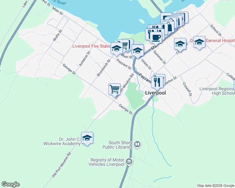 map of restaurants, bars, coffee shops, grocery stores, and more near 120 Old Port Mouton Road in Liverpool