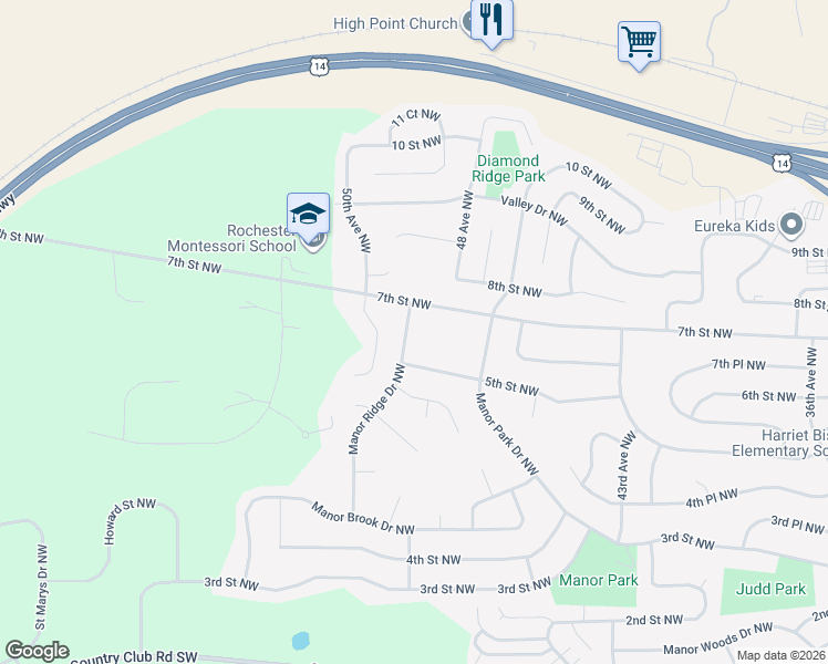 map of restaurants, bars, coffee shops, grocery stores, and more near 602 Manor Ridge Drive Northwest in Rochester