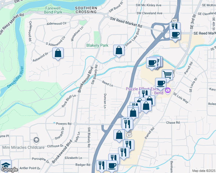 map of restaurants, bars, coffee shops, grocery stores, and more near 61486 Duncan Lane in Bend