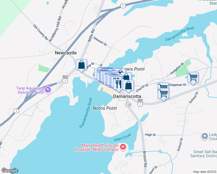 map of restaurants, bars, coffee shops, grocery stores, and more near 95 Main Street in Damariscotta