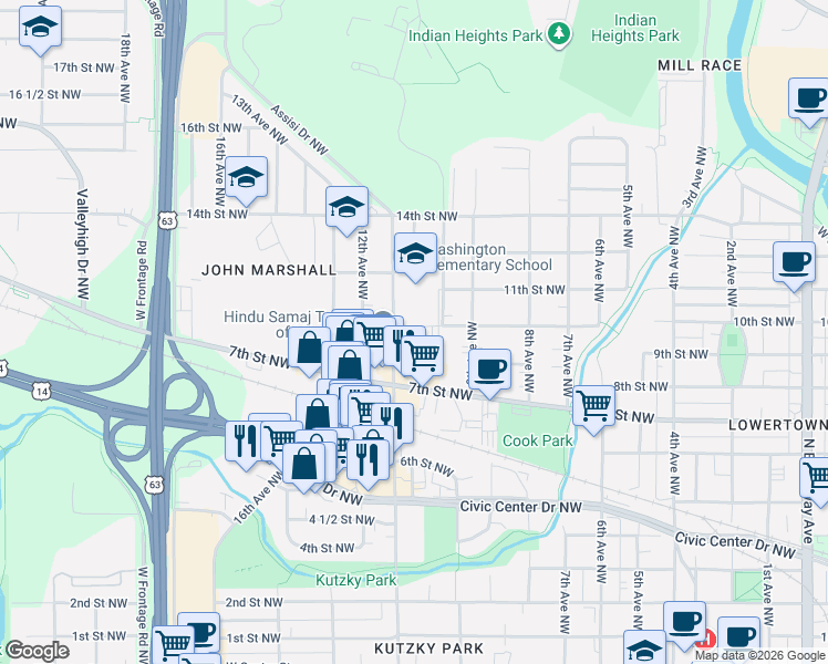 map of restaurants, bars, coffee shops, grocery stores, and more near 950 11th Avenue Northwest in Rochester