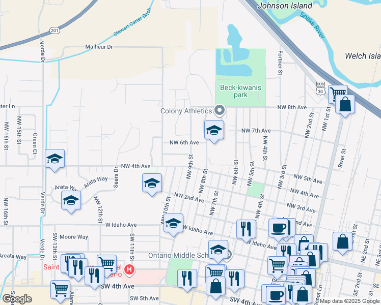 map of restaurants, bars, coffee shops, grocery stores, and more near 426 Northwest 9th Street in Ontario