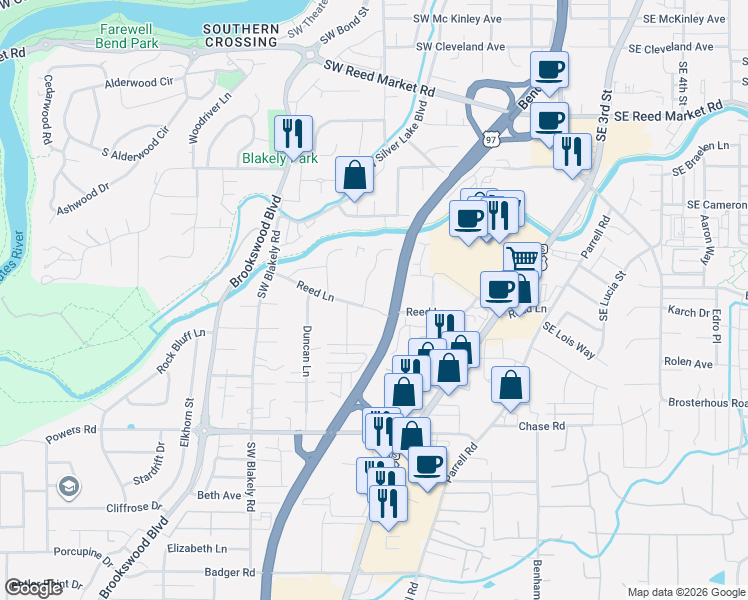 map of restaurants, bars, coffee shops, grocery stores, and more near 20187 Reed Lane in Bend