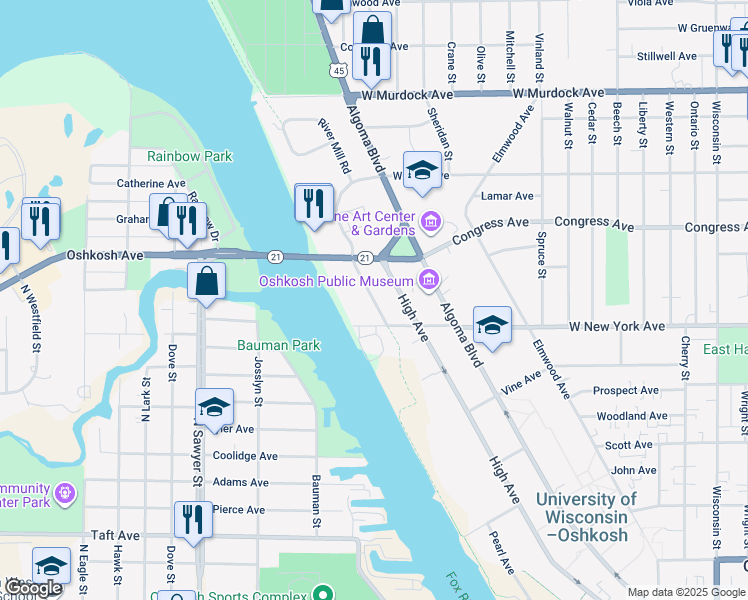 map of restaurants, bars, coffee shops, grocery stores, and more near 1225 Summit Avenue in Oshkosh