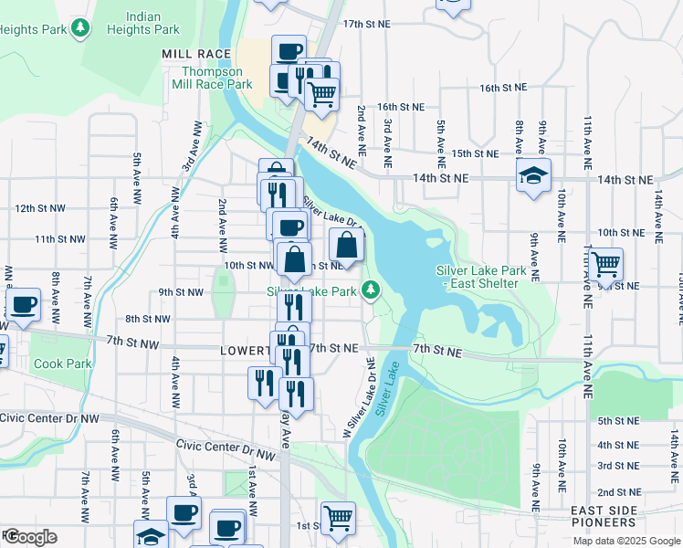 map of restaurants, bars, coffee shops, grocery stores, and more near 123 9th Street Northwest in Rochester