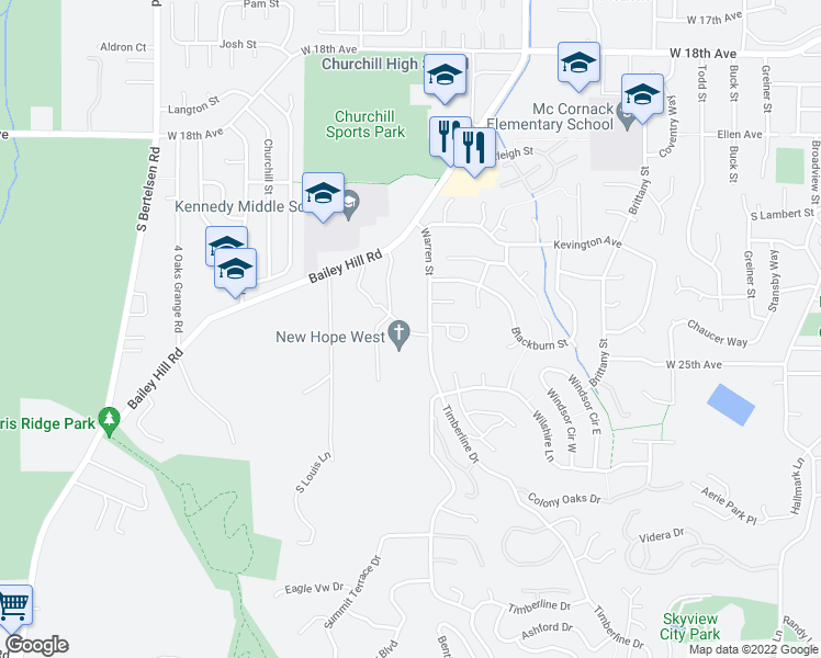 map of restaurants, bars, coffee shops, grocery stores, and more near 2155 Bailey Hill Road in Eugene